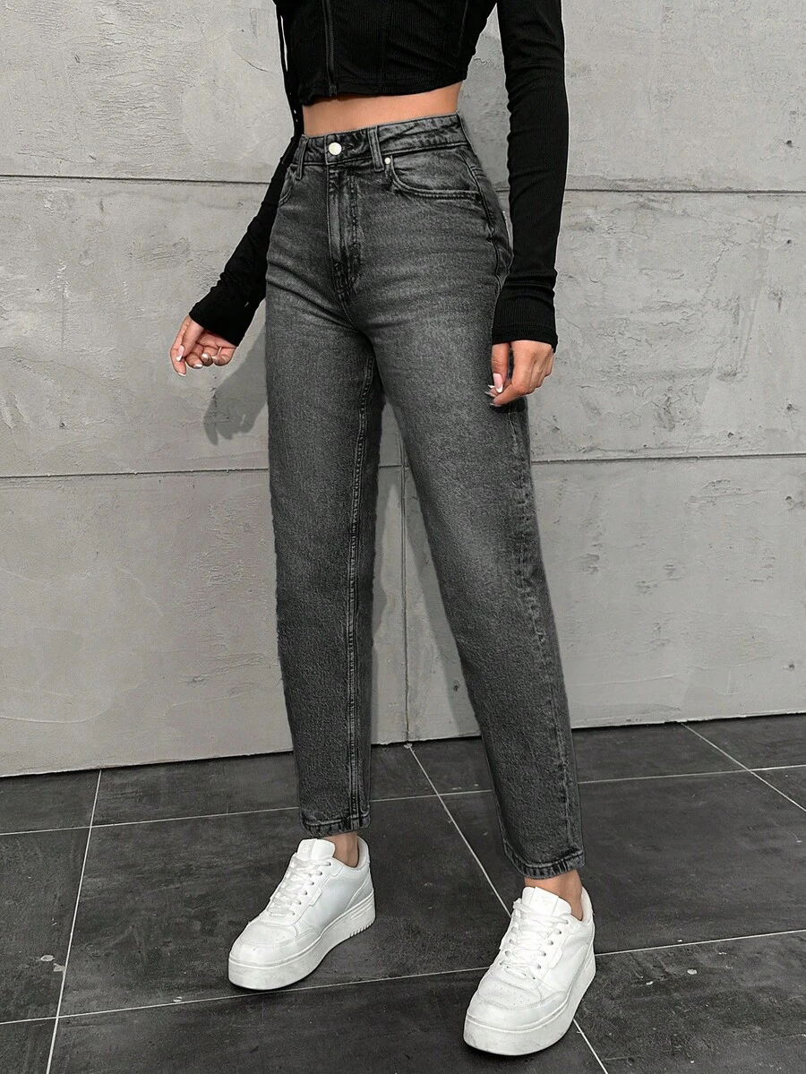 SHEIN Cottnline 女士纯色休闲百搭直筒牛仔裤 - 灰色 - View 1
