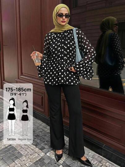 SHEIN Tall Blouse met ruches, wijde mouwen, stippen en lange mouwen, voor lange vrouwen