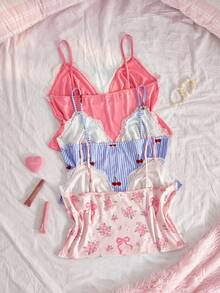Slumberry CURVE Set Piyama Wanita Ukuran Plus Y2K Manis & Imut dengan Motif Bunga, Pita, dan Garis-garis Ceri, 3 Potong - MultiWarna - View 2