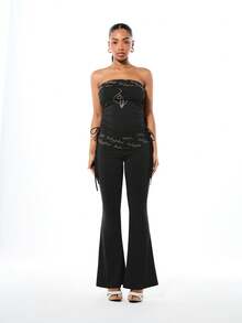 BABYPHAT Fold Over Printed Waist Flare Leggings With Logo Script Detail And Side Tie Strings - Black - View 3