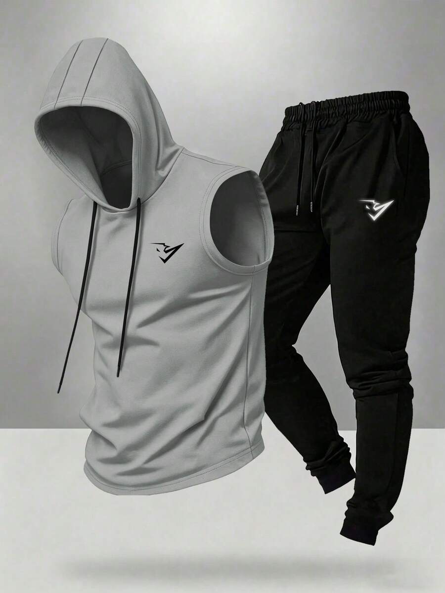 Gym Rark 男士休閒印花連帽衛衣與抽繩腰口袋運動長褲套裝 - 淺灰色 - 查看 1