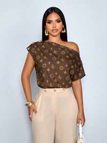 SOLERSUN Women's Summer Vintage Sexy Print Elegant Asymmetrical Neck Sleeveless Metal Button Slim Fit Shirt, One-Shoulder Top, Suitable For Going Out Dates - Brown - View 4