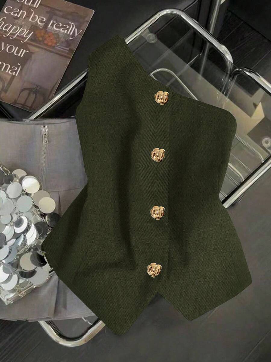 Franclia Fashionable & Elegant Multi-Wear S Design Metal Buckle Decor Sexy Oblique Shoulder Black Blouse For Women, Spring/Summer Green - Army Green - View 1