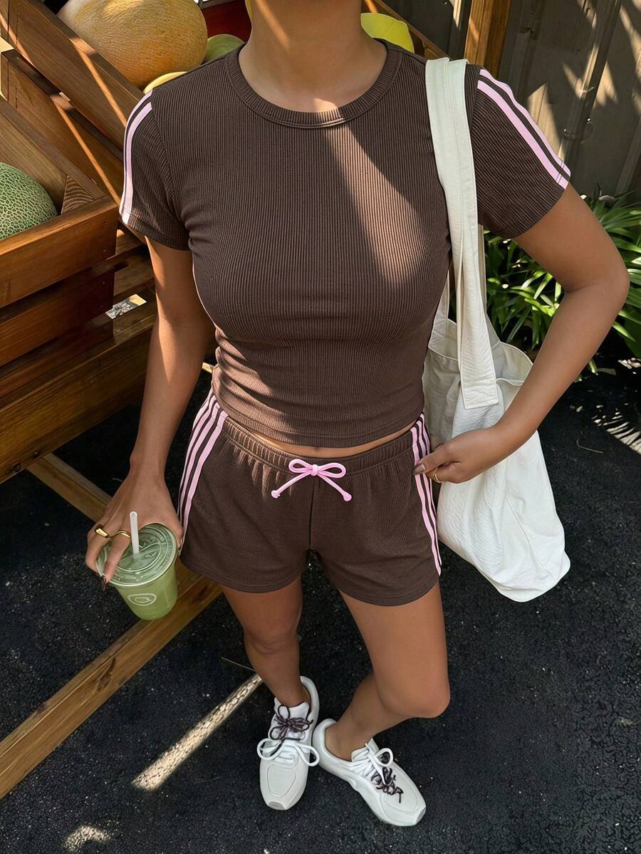 Teen Girl Casual Contrast Pink Tape Solid Brown Knit Set Shorts Summer Outfits 2 Pcs Sets - Brown - View 1