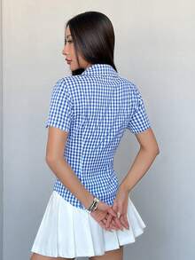 Sweetra 復古學院風香港風小格紋收腰顯瘦女款短袖 Polo 領襯衫 夏季野餐紅白格紋 70 年代 - 藍色 - 查看 2