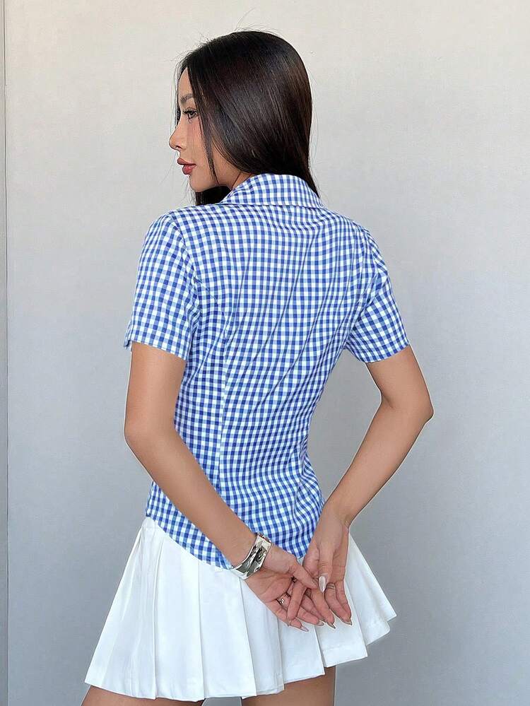Sweetra Vintage Preppy Hong Kong Style Small Checkered Waist-Flattering Slimming Polo Collar Women's Short Sleeve Shirt Summer Picnic Red And White Plaid 70s - Blue - View 2