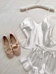 Comfortcana Conjunto de pijama de satén con volantes en el bajo, conjunto blanco - Blanco - Ver 5