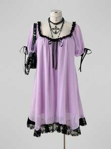 Sunspun Plus Size Vintage Asymmetrical Hem Lace Trim Patchwork Dress - Purple - View 6