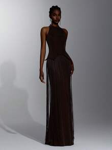 Elitara Elegant Black Stretch Fabric V-Neck Tassel Decor Bustier Mermaid Skirt Party Evening Gala Dinner Vow Dress Wedding Guest Bachelorette Formal Winter - Coffee Brown - View 7