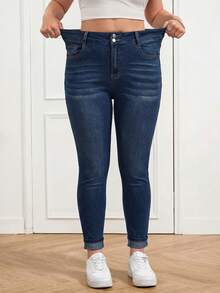 SHEIN Tall CURVE 大尺碼女款休閒百搭牛仔長褲，附口袋與鈕扣，適合日常穿著、辦公通勤與返校季 - 藍色 - 查看 4