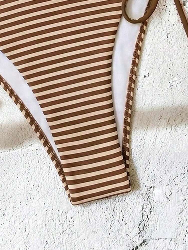 Swim Mod Summer New Brown Striped Triangle Bikini Two Pieces Set, Halter Tie Shoulder Straps, Bandeau Top With Padding And Underwire, Sexy Three-Point High-Cut Triangle Bottoms, Push-Up Small Bust, Sweet Bikini Swimsuit For Women And Girls, Hot Spring Beach Vacation Birthday Party - Brown - View 5