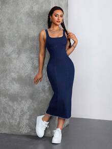 SHEIN Tall 方領露肩修身緊身牛仔中長洋裝，適合派對與度假，高個女性穿著 - 深色水洗藍 - 查看 6
