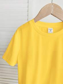 SHEIN Tween女孩針織素色圓領修身休閒T恤 - 黃色 - 查看 6