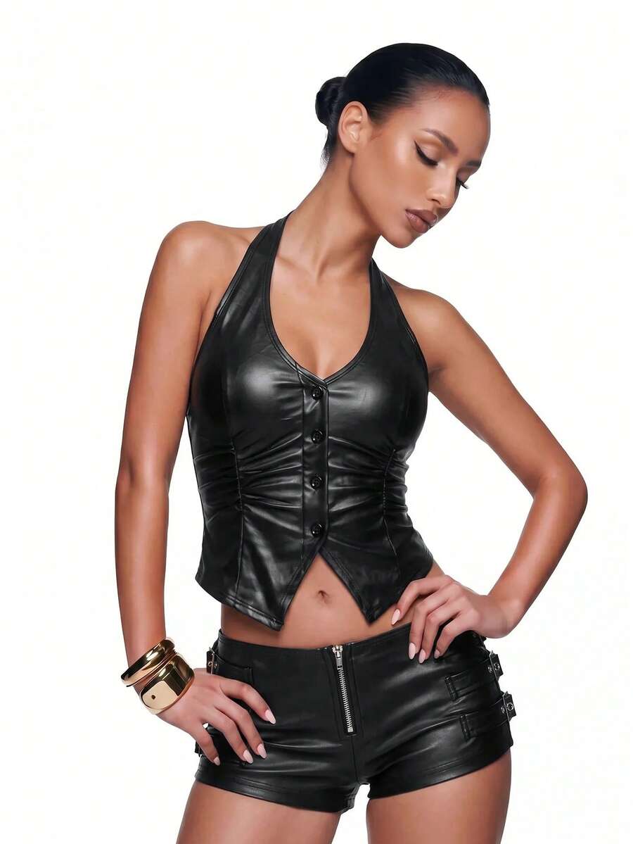 SHEIN ICON Button Front Backless PU Leather Halter Black Corset Top - Black - View 1
