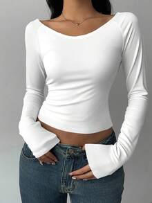 SHEIN BASICS 女士休闲深V领修身长袖T恤，适合秋冬季，95%纯棉 - 白色 - 查看 1