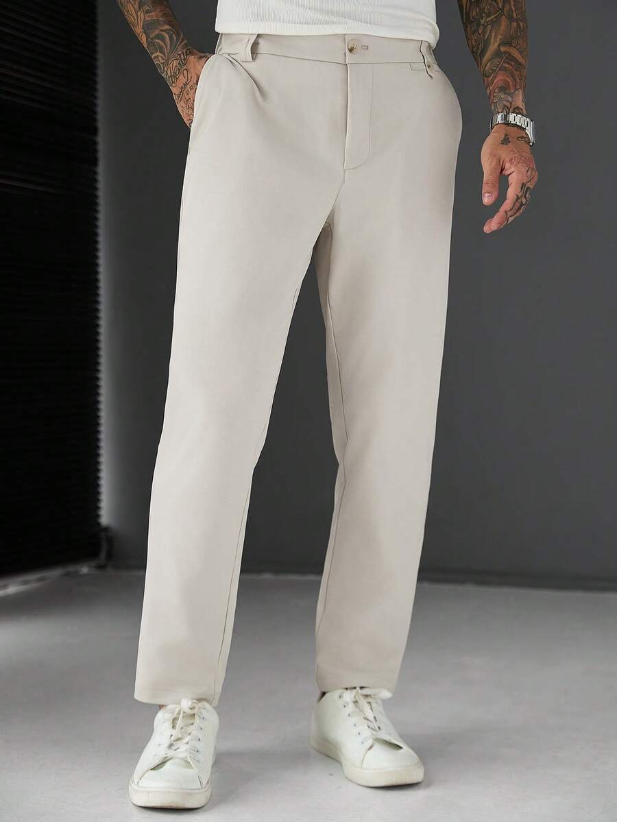 SLATEMANN Men's Solid Color Casual Business Suit Pants With Pockets - Beige - View 1