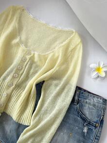 Elamini Pale Yellow Sweet Lace Mohair Lightweight Cardigan Brunch Date Autumn Cottagecore Romantic - Yellow - View 5