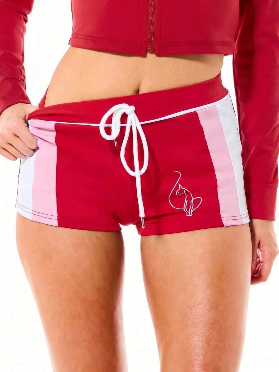 BABYPHAT Shorts deportivos de jersey con diseño de paneles de bloques de color y cintura con cordón - Rosa Fucsia - Ver 1