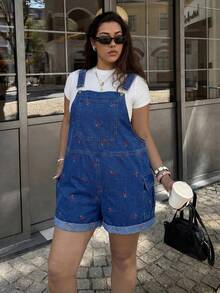 Dripcurv Große Größen Kirsch-bestickte Denim-Latzhose - Blau - Übersicht 6