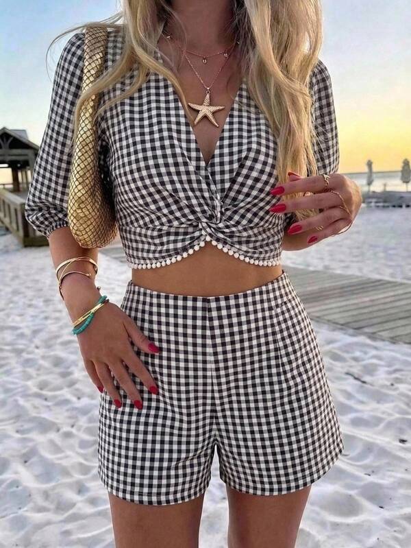 KARISMINA Women's Plaid Knot Ruched Top And High Waist Shorts Casual Daily 2 Pieces Set,Cottagecore Vacation Co Ord,Gingham Matching Set, Back To School Clothes