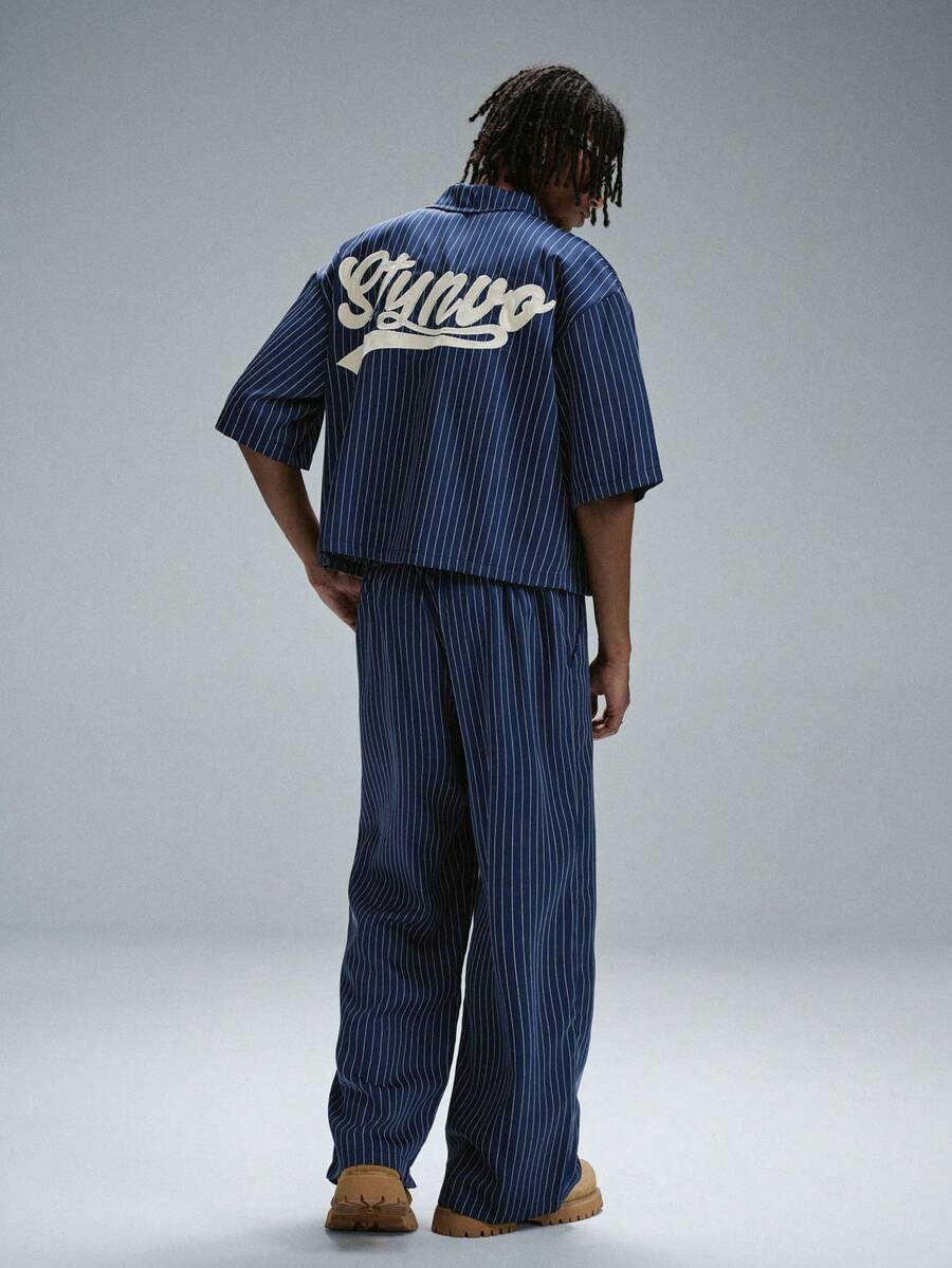 STYNVO 男士條紋字母刺繡襯衫與長褲套裝 - 藏蓝色 - 查看 1