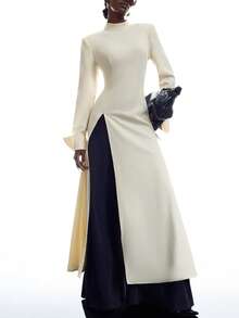 LYSMO Women's Solid Color Stand Collar Side Slit Hem Long Dress Concert Outfits Concert Outfit For Women - Beige - View 7