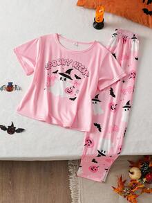 Tween Girl Letter Print Short Sleeve Top And Pants Pajama Set - Pink - View 3