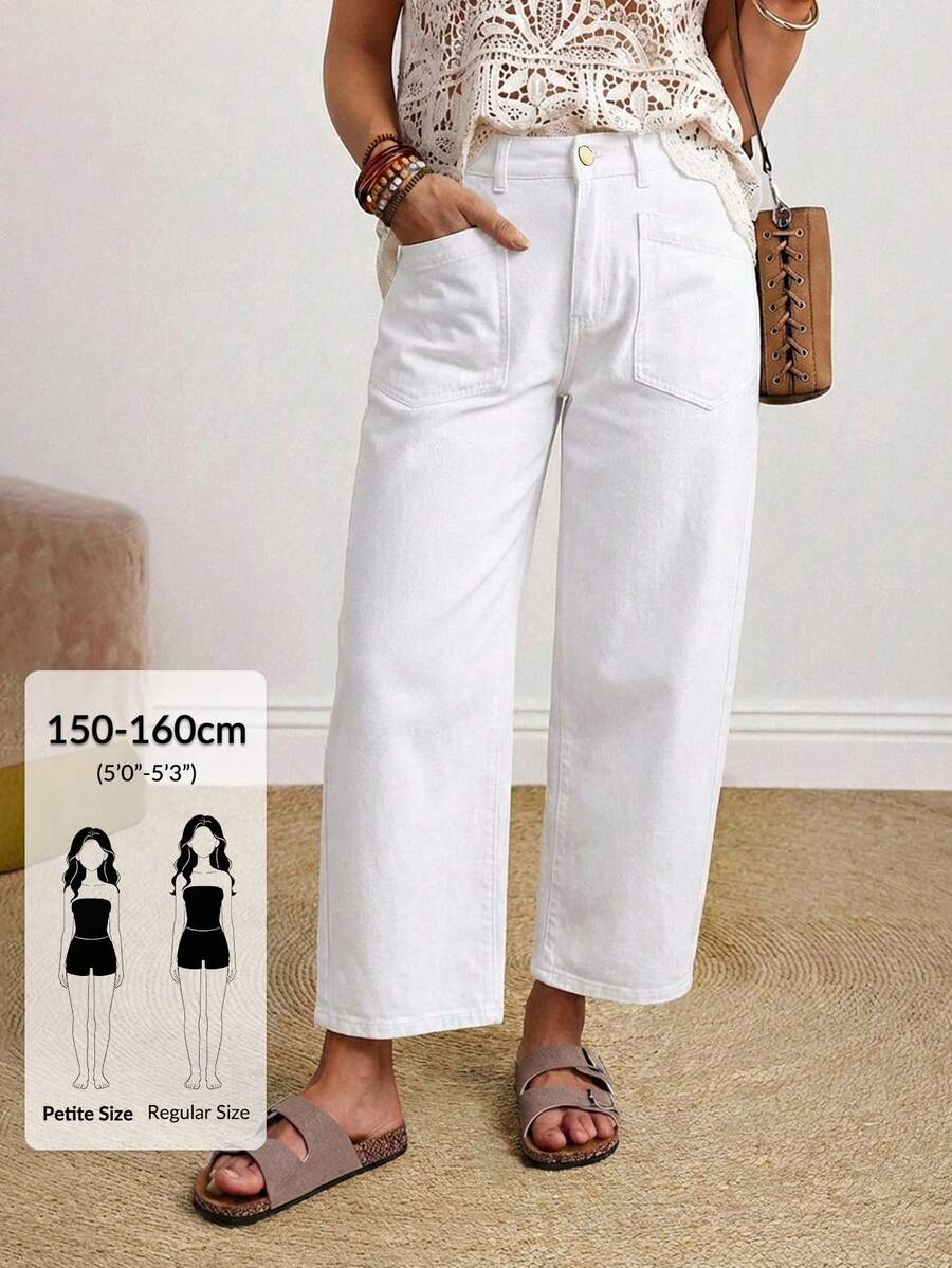SHEIN PETITE 女款時尚百搭口袋拉鍊寬腿牛仔褲,適合日常度假與通勤,全白夏季休閒款,適合嬌小女性 - 白色 - 查看 1
