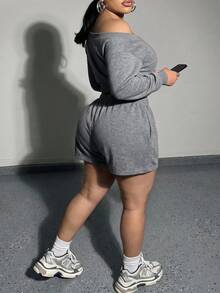 Slaydiva Plus Size Women's Asymmetrical Shoulder Long Sleeve Top And Shorts 2 Pieces Set Formal Vacation Grey Summer Casual Streetwear - Grey - View 6