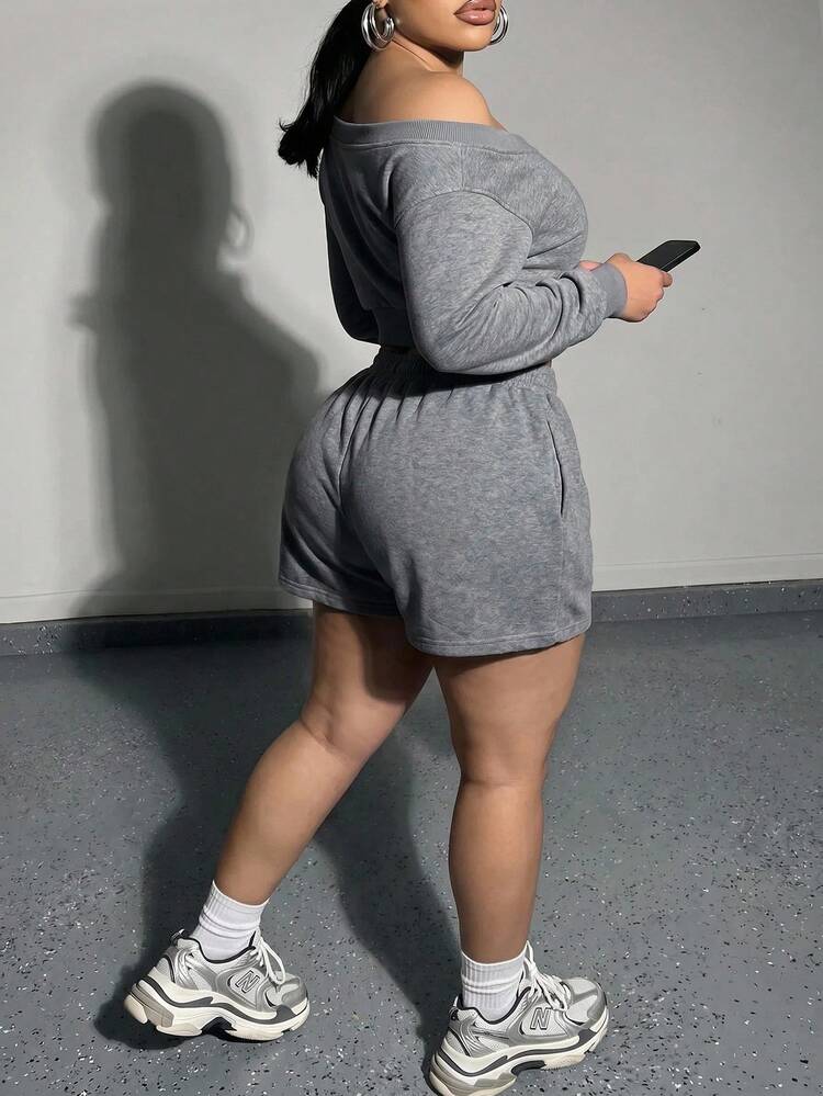 Slaydiva 大尺碼女款不對稱單肩長袖上衣與短褲兩件套 正式度假灰色夏季休閒街頭風 - 灰色 - 查看 5