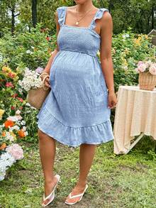 SHEIN Maternity Solid Color Nursing Function Casual Daily Wear Dress Photoshoot - Baby Blue - View 8