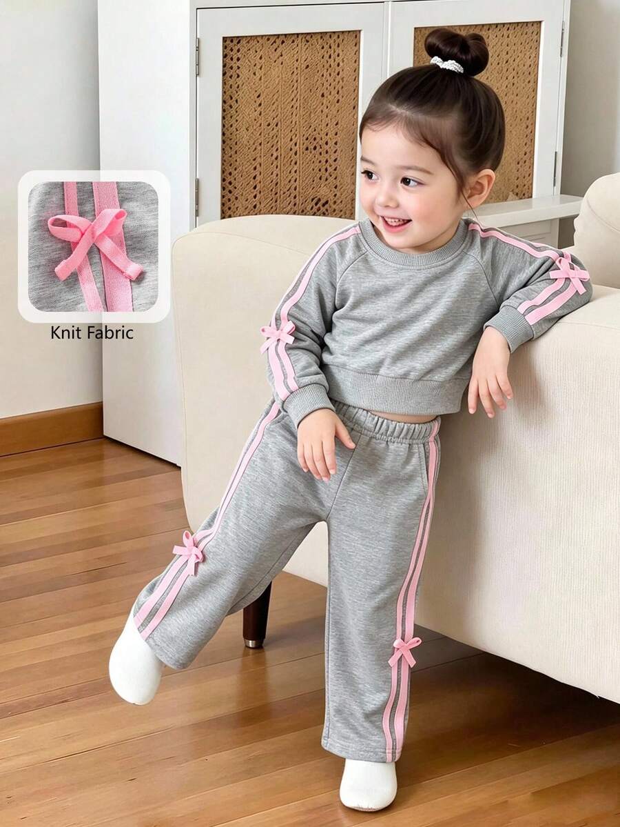 Elladie kids 2件組 4-7歲女童可愛春/秋季圓領長袖上衣,附蝴蝶結3D裝飾,運動風織帶飾邊長褲,柔軟衛衣布料,適合返校、假期、夏季穿搭、旅行、派對場合 - 灰色 - 查看 1