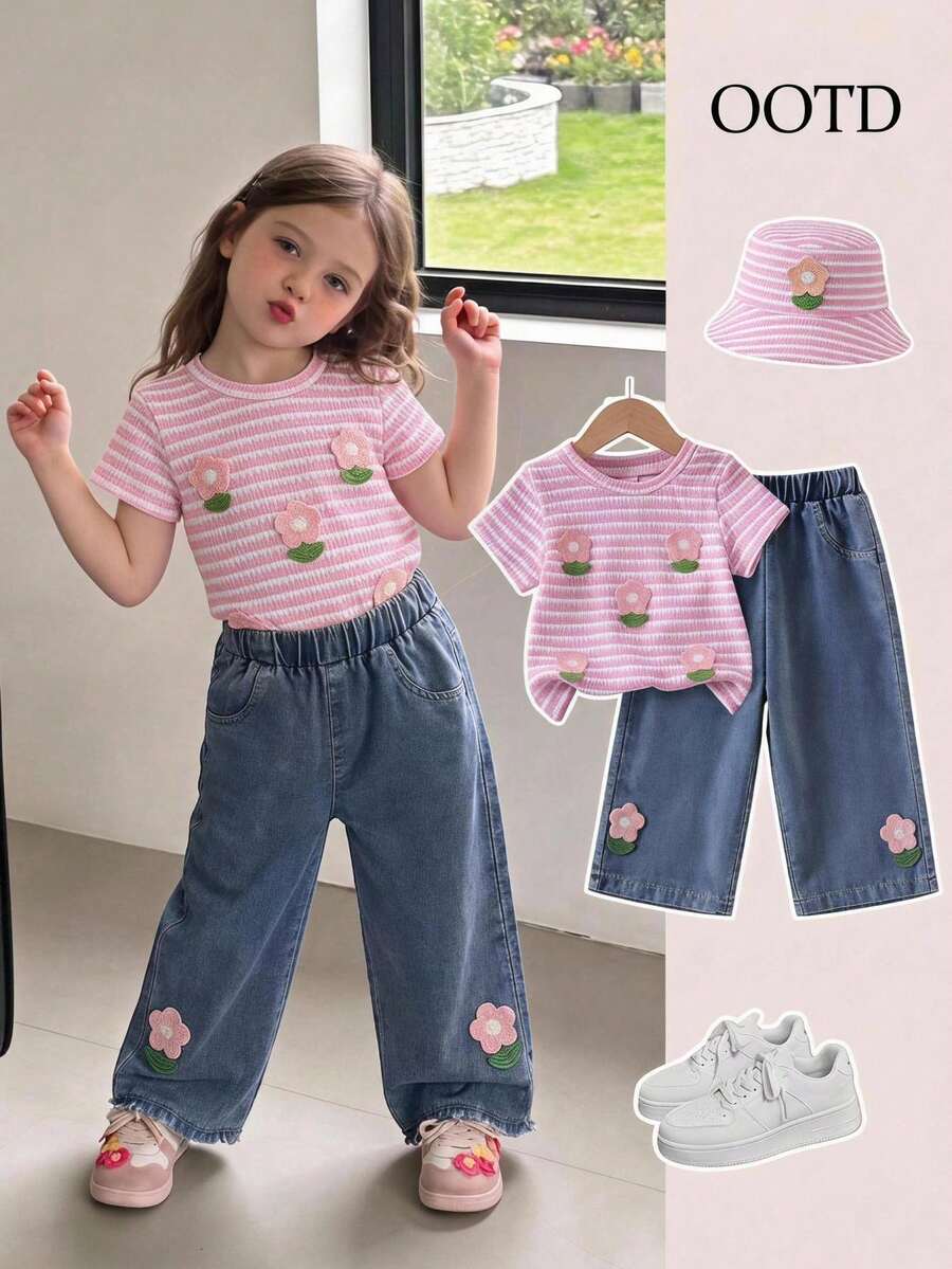 SHEIN Playful Pals 嬰兒/幼兒（女童）粉色針織提花短袖T恤上衣與藍色牛仔長褲花卉套裝，時尚休閒蝴蝶結套裝
