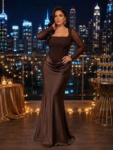 SHEIN Lady CURVE 大尺碼女款棕色長袖方領網紗優雅洋裝 - 棕色 - 查看 7