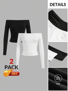 SHEIN BASICS 2pcs Women's Casual Off Shoulder Tight Fitting Long Sleeve Basic Tee, Suitable For Autumn,Fall Tops - Multicolor - View 10