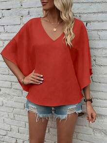EMERY ROSE Solid Color V-Neck Loose Casual Holiday Short Sleeve Shirt Vacation Rust Summer - Red - View 8