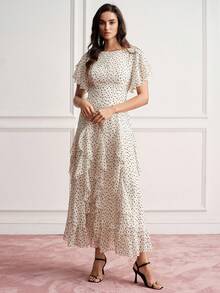 BELROSIE Elegant Women's Summer Wedding Garden Party Tea Party Dress, White And Black Polka Dot Contrast Color, Asymmetrical Hand-Painted Chiffon Cinched Waist - Apricot - View 7