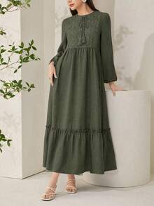 Veilorie 刺繡拼接收腰舒適寬鬆休閒度假日常百搭洋裝 - 軍綠色 - 查看 1