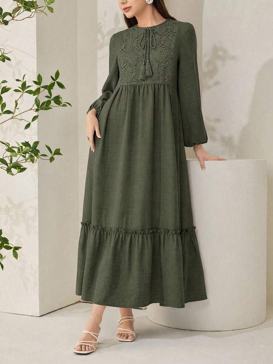 Veilorie 刺繡拼接收腰舒適寬鬆休閒度假日常百搭洋裝 - 軍綠色 - 查看 1