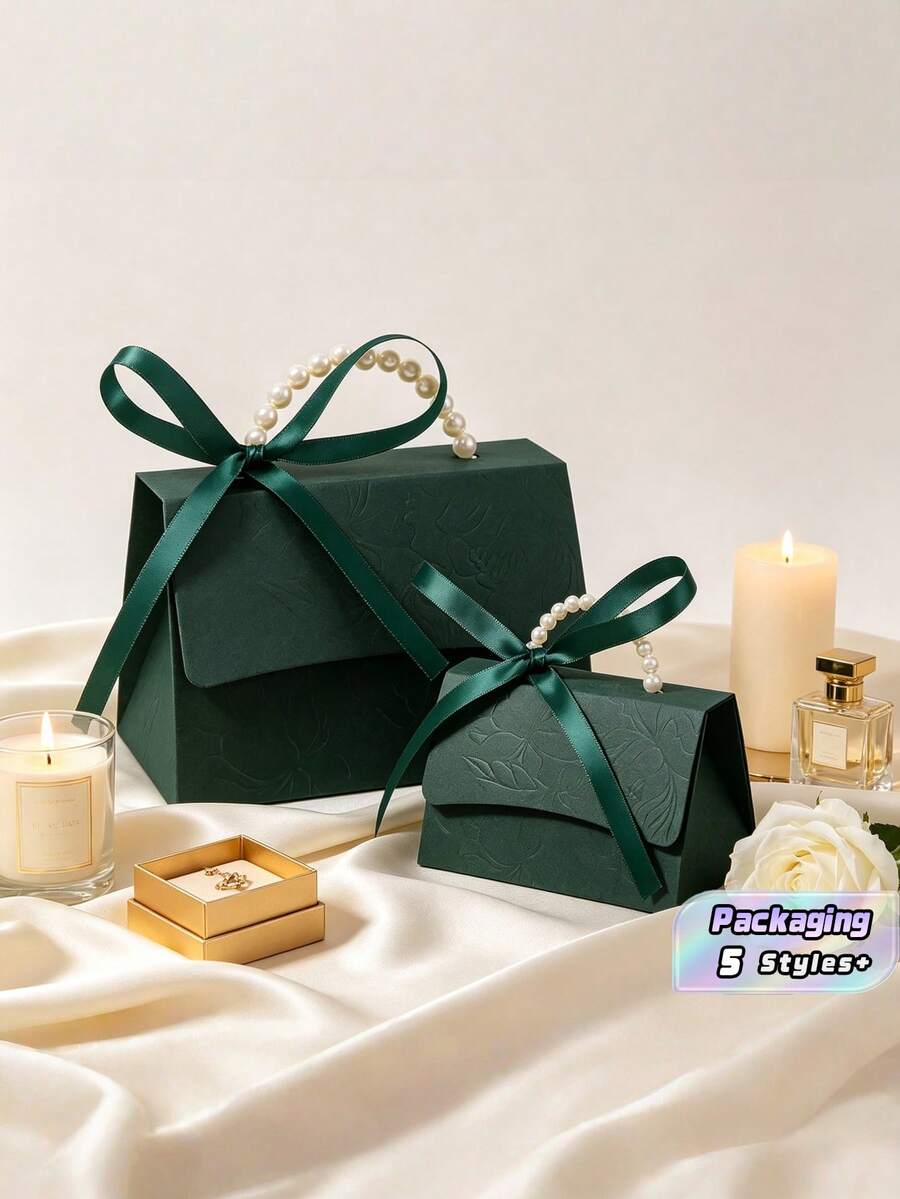 1/10/20PCS Faux Pearl Decor Gift Box Set, Darkgreen Pearl Handle Wedding Favor Box, Valentine's Day Wedding Birthday Party Decorations, Floral Letterpress Printed Mini Packaging Bags, Elegant Small Gift Bags For Jewelry Wedding Favors Party Decor - dark green - View 1
