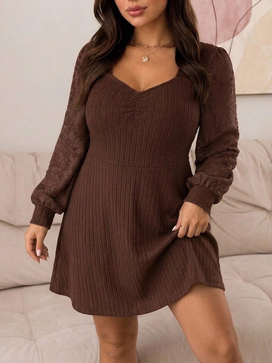 SHEIN Frenchy Plus Size Women Sweetheart Neck Long Sleeve Ruched Ribbed Casual Dress Fall - Brown - View 1