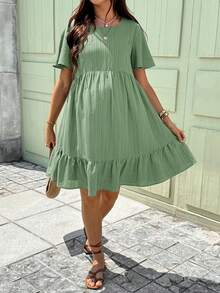Boho Mama Maternity Solid Color Round Neck Short Sleeve Ruffle Hem Casual Dress - Green - View 3