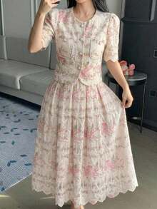 DAZY French Fashion Elegant Polka Dot Lace Embroidered Skirt 2 Pieces Set, High-End Chic Outfit For Girls And Women Summer - Pink - View 8