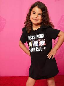 Betty Boop x SHEIN Young Girl Cartoon Figure And Letter Print Ruffle Trim Tee Dress - Black - View 5