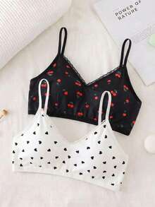 2pcs/Set Tween Girls Black & White Casual Minimalist Daily Wear, Heart & Cherry All-Over Print, Comfortable Soft Lace Sweet Camisole Underwear, Suitable For All Seasons - Multicolor - View 1
