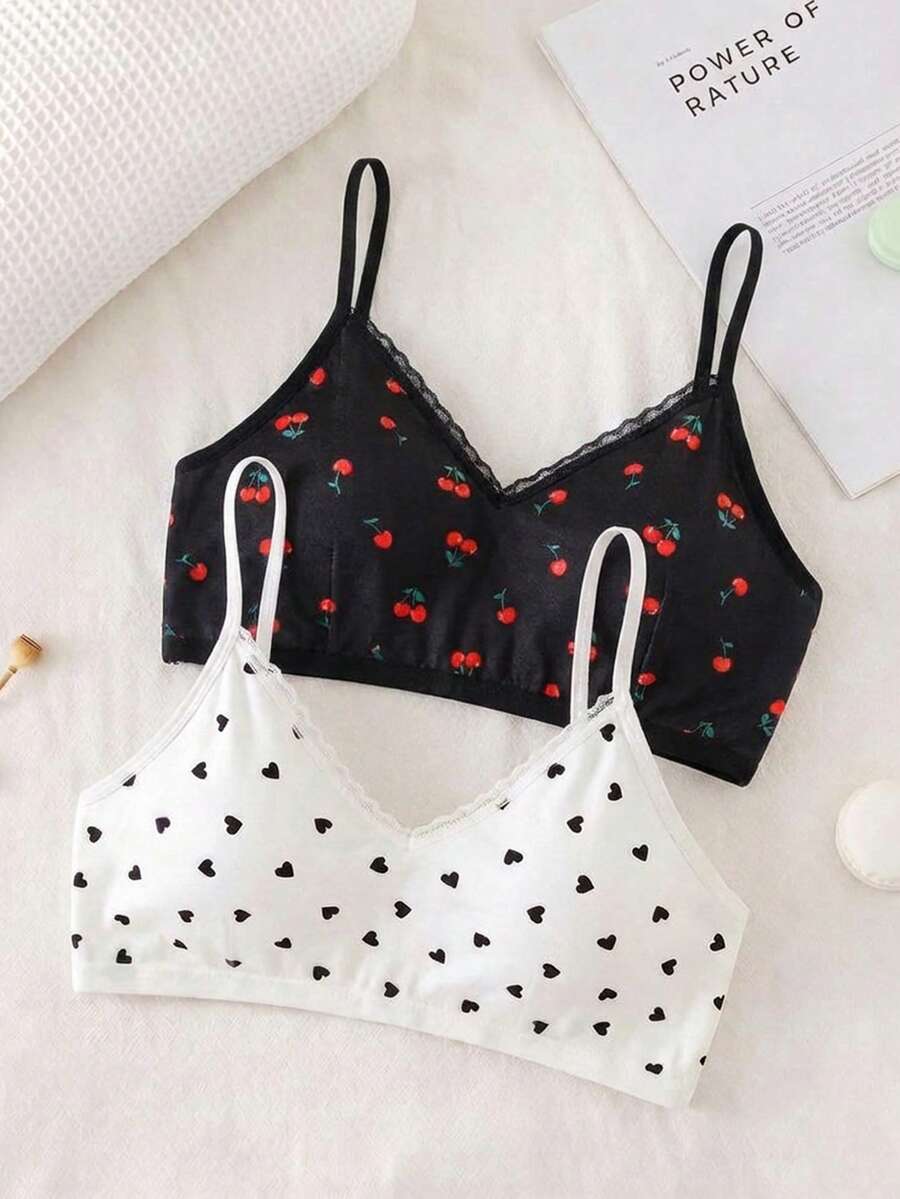 2pcs/Set Tween Girls Black & White Casual Minimalist Daily Wear, Heart & Cherry All-Over Print, Comfortable Soft Lace Sweet Camisole Underwear, Suitable For All Seasons - Multicolor - View 1