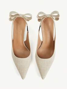 CUCCOO CHICEST Stylish Apricot Tweed Pointed-Toe High Heels With A Bow, Elegant, Comfortable, And Simple Design; Perfect For Parties And Banquets. - apricot linen - View 2