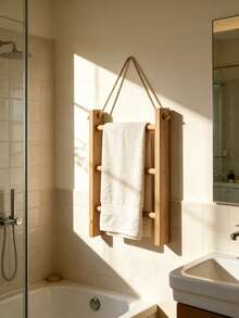 1PC 3 Tier Large Solid Wood Vintage Rustic Ladder Shelf Towel Rack Display Stand For Bathroom Living Room Store Home Decor Freestanding Storage Organizer - wood color - View 8
