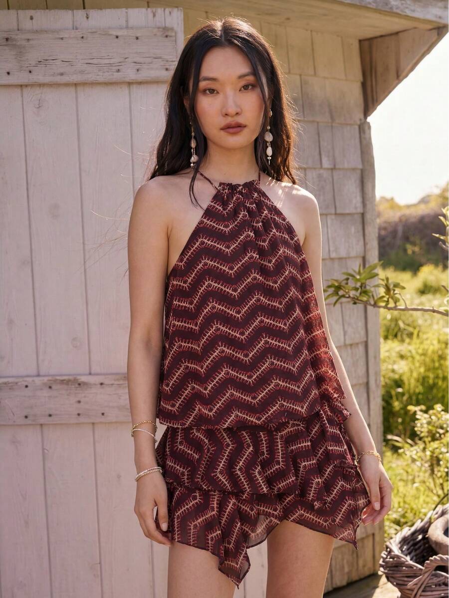 Willow Rêve Women's Brown Geometric Pattern Double Layer Chiffon Flirty Mini Skirt, Boho Style, Valentine's Day Style, Romantic Vacation Style, Travel,Skirt - Red - View 1