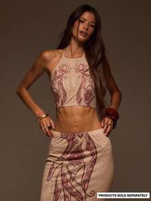 MUSERA Nude Hotfix Henna Detail Halterneck Fitted Crop Top - Multicolor - View 2